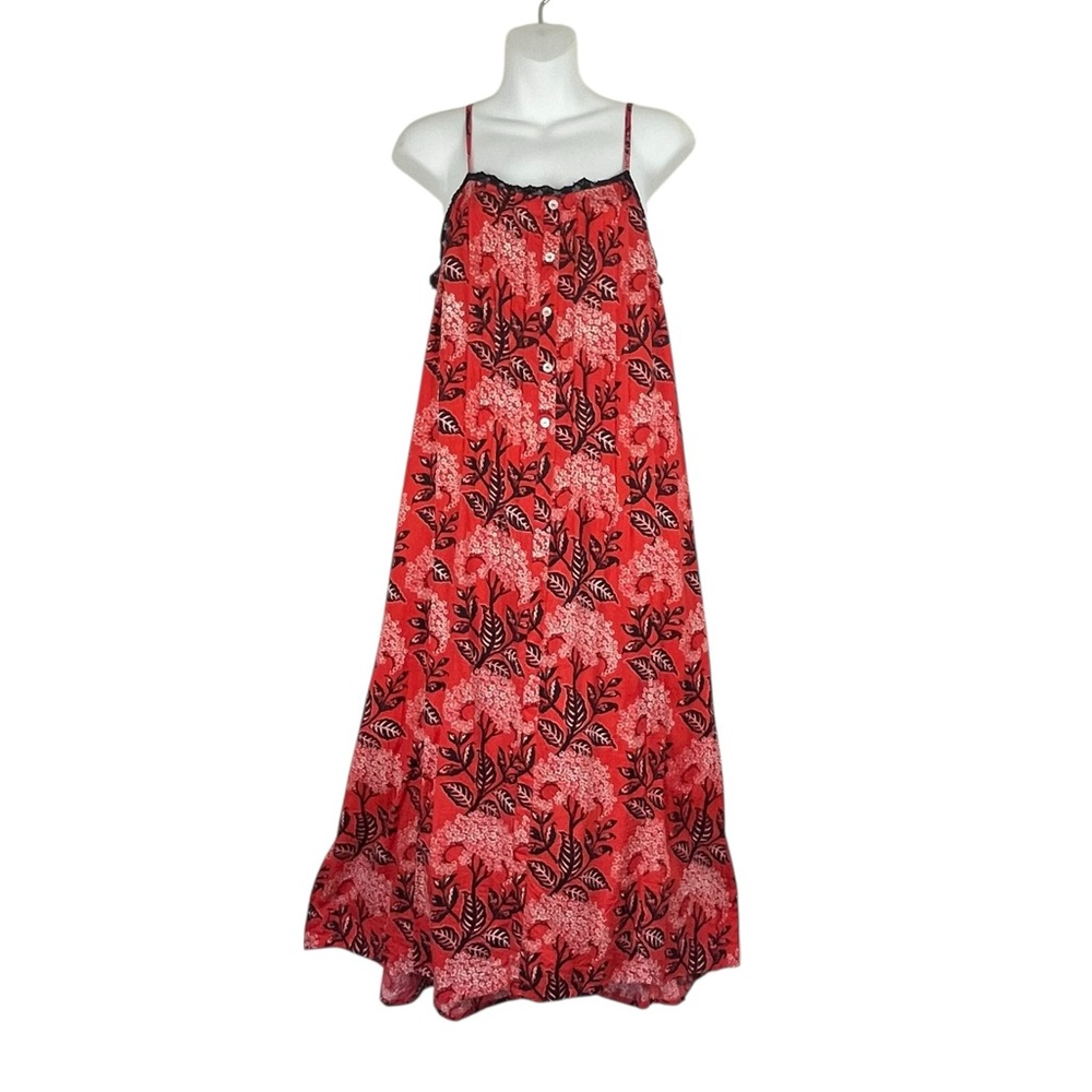 Red Floral Maxi Slip Dress with Lace Trim